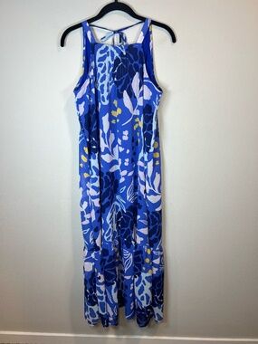 Mud Pie Kallie Maxi Dress Blue Leaf Floral Sundress Ruffle Tie Neck Lined  Small